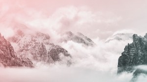 mountains, peaks, sky, clouds, fog, pink - wallpapers, picture