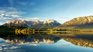 mountains, peaks, lake, reflection