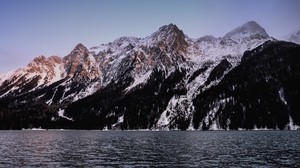 mountains, peaks, snow, river, water