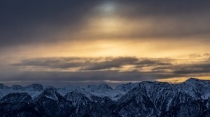mountains, peaks, snowy, sky, clouds, cloudy - wallpapers, picture