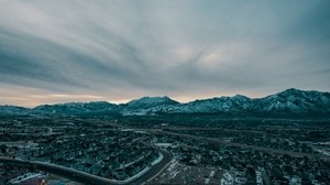 mountains, aerial view, village, snowy, sky