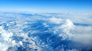 mountains, view from above, sky, clouds, peaks