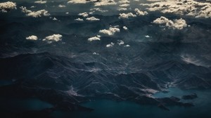 mountains, aerial view, lake, clouds, dark