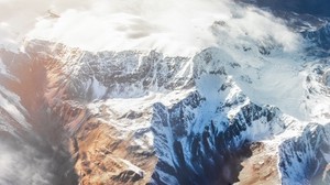 mountains, top view, peaks, snow, clouds