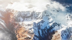 montañas, vista superior, picos, nieve, nubes