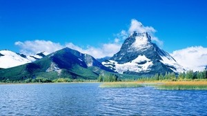 mountains, water, peaks, snow, day - wallpapers, picture