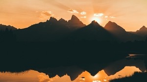 mountains, water, sunset, reflection, sunlight, sky
