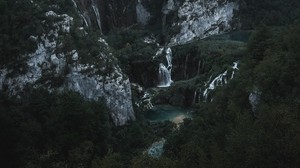 mountains, waterfall, aerial view, nature, landscape
