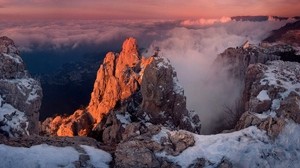 mountains, height, cross, clouds, snow, monument, memorial, grave, city, light - wallpapers, picture