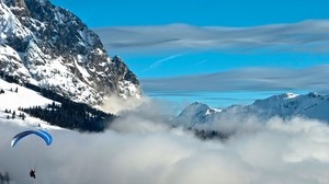 mountains, altitude, glider, sky, clouds, light blue, parachute