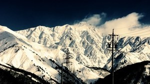 mountains, japan, pole, wires, tower, peaks