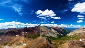 mountains, bright, lowland, height, foot, clouds, sky, freedom, freshness - wallpapers, picture