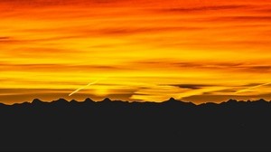 mountains, sunset, sky, dark, red, yellow, black