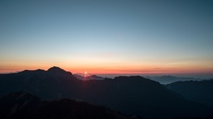 mountains, sunset, sky, peaks, top view