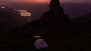 mountains, sunset, tent, camping, nature