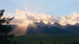 山、夕日、風景、雲、日光