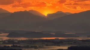 mountains, sunset, fog, scotland