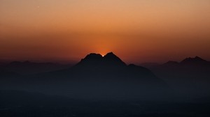 mountains, sunset, fog, dusk, dark