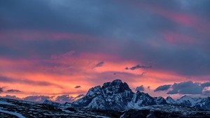 vuoret, auringonlasku, huiput, luminen, taivas, pilvet, Italia - wallpapers, picture