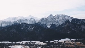 mountains, buildings, sky, peaks, snow - wallpapers, picture