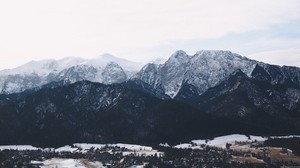 montañas, edificios, cielo, picos, nieve