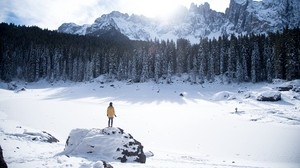 mountains, winter, man, travel - wallpapers, picture