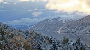 mountains, winter, trees, river, clouds - wallpapers, picture
