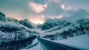 mountains, winter, road, snow, clouds, norway