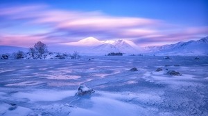 山，冬天，天空，粉红色，雪，蓝色，洛蒙德湖，兰诺克沼地，苏格兰