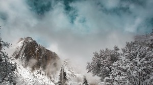 mountains, winter, snow, clouds