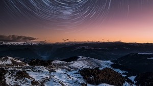 montañas, cielo estrellado, noche, pico, dolomitas, Italia