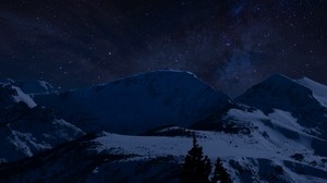 montañas, cielo estrellado, noche, nevado