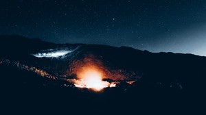 mountains, starry sky, night, light