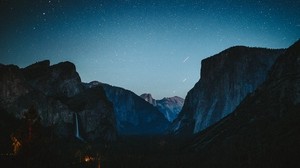 mountains, starry sky, night, peaks