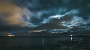 mountains, starry sky, lake, water, snow, night