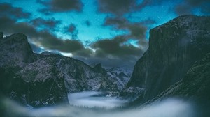 mountains, starry sky, fog, clouds