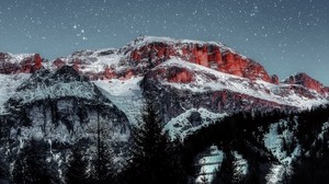 mountains, starry sky, peaks, snowy, grass, mountain landscape