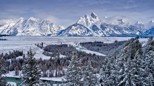 grand titon, national park, usa, mountains, valley, snow