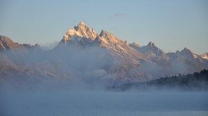 grand titon, wyoming, usa, mountains, fog - wallpapers, picture