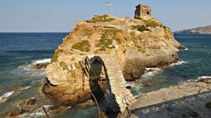 greece, rock, arch, flag