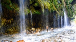 greece, waterfall, rocks, guy, back, stones - wallpapers, picture