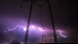 thunderstorm, wires, night, cloudy, sky