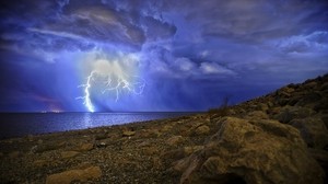 thunderstorm, storm, lake, cloudy, shore, night
