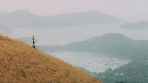 hill, girl, overview, bay, fog