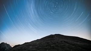 hill, mountains, starry sky, long exposure, stars, motion