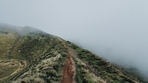 hill, ridge, fog, trail, grass, slope - wallpapers, picture