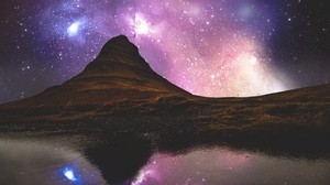 hill, river, reflection, starry sky, iceland - wallpapers, picture
