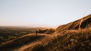 hills, man, silhouette, sunset, landscape - wallpapers, picture