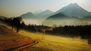 hills, mountains, road, country, morning, fog, relief - wallpapers, picture