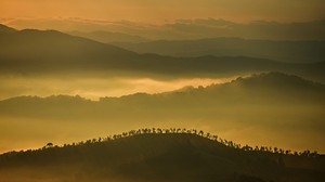 hills, mountains, fog, clouds, trees, sky